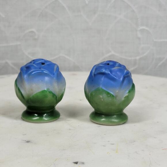VTG Rose Bud Salt Pepper Shakers 1.5" Blue Green Japan Floral Ceramic Flowers - Picture 14 of 15